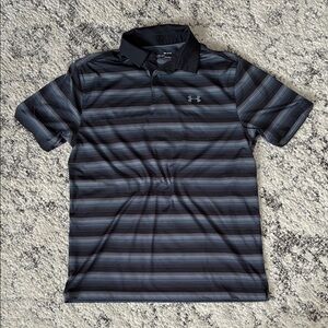 Like-new Under Armour Men's Polo with Black and Gray Stripes—-Size: Medium